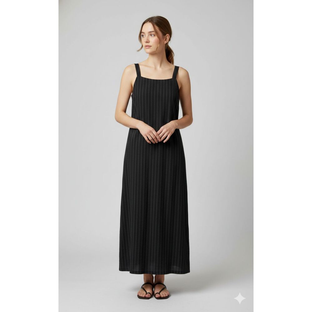 VTG 90s Eddie Bauer Sleeveless Pinstripe Black Maxi Tank Dress Sz 8 (runs small)